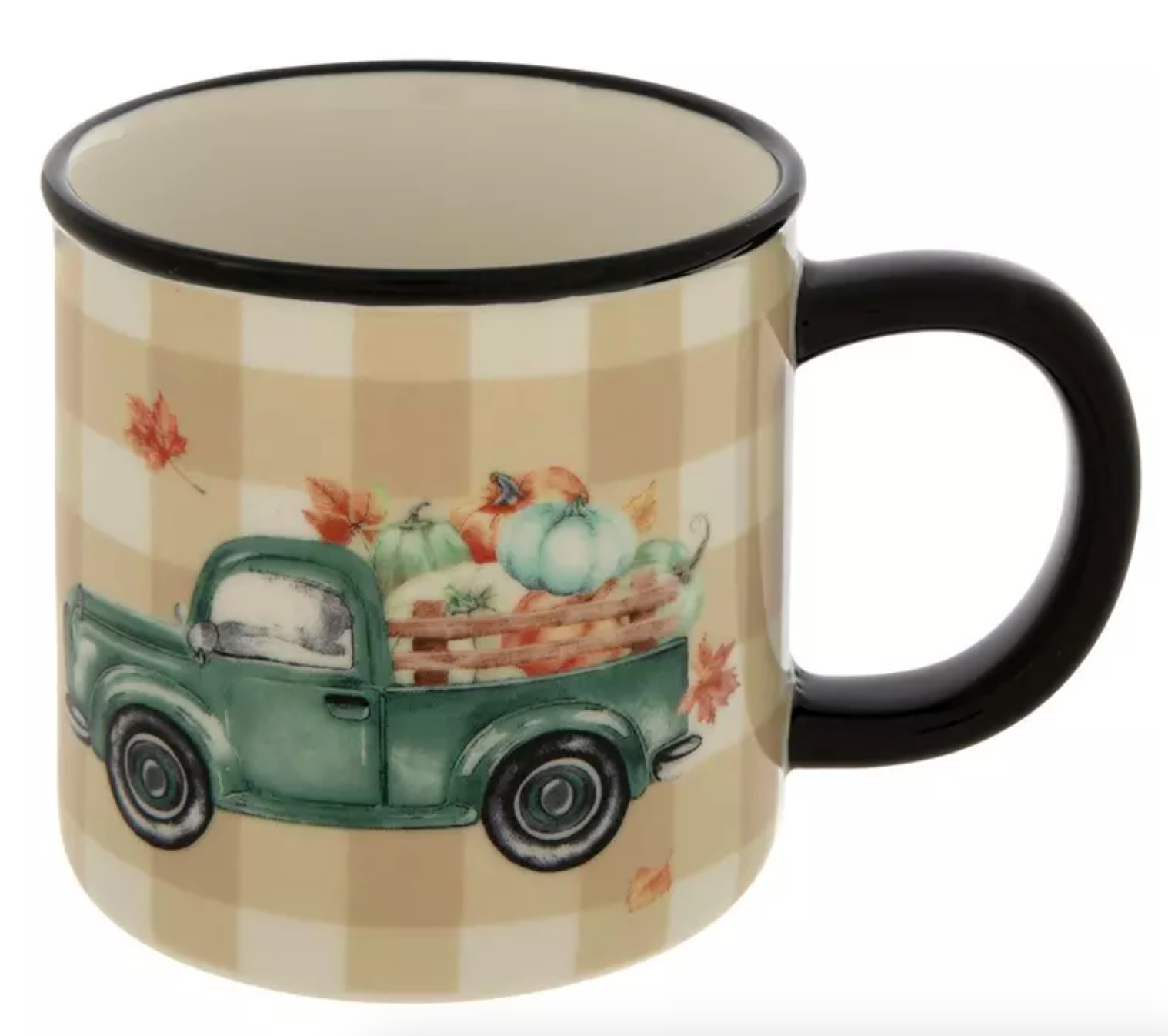 Truck & Pumpkins Gingham Ceramic Mug – 17oz Fall Harvest Design