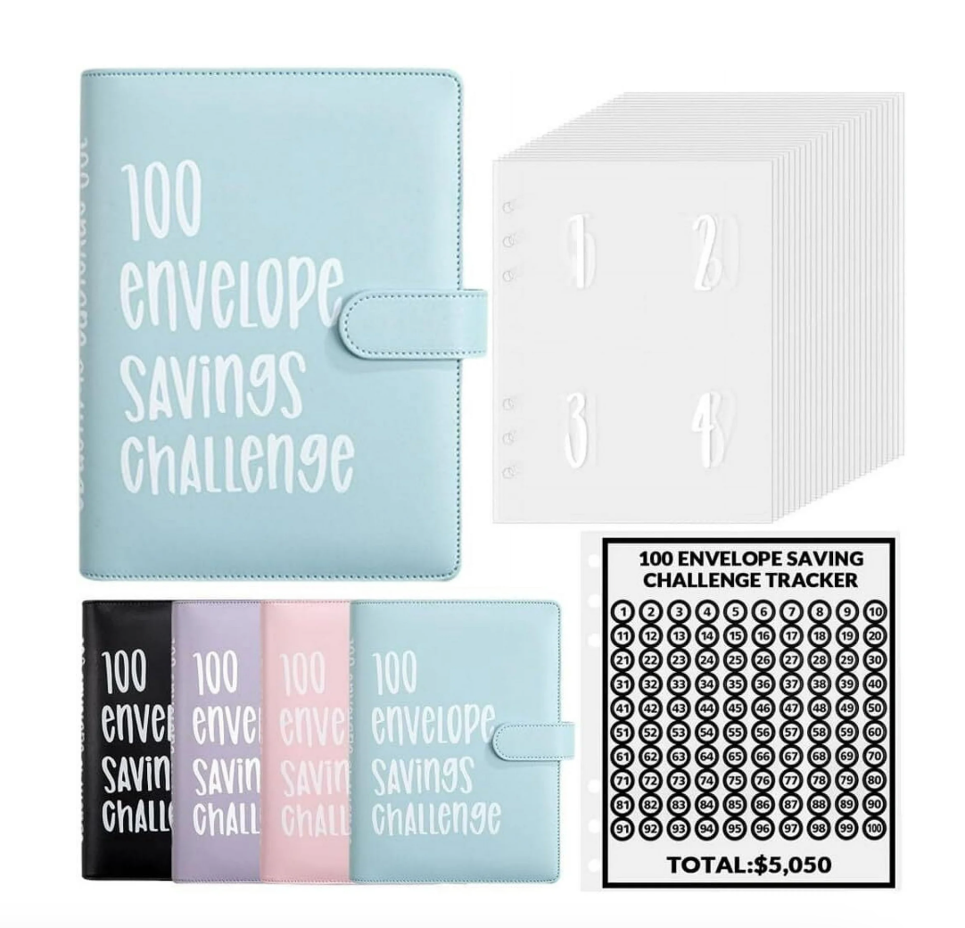 Money Saving Challenge Binder – 100 Envelopes, A5 Size, Black PU Leather
