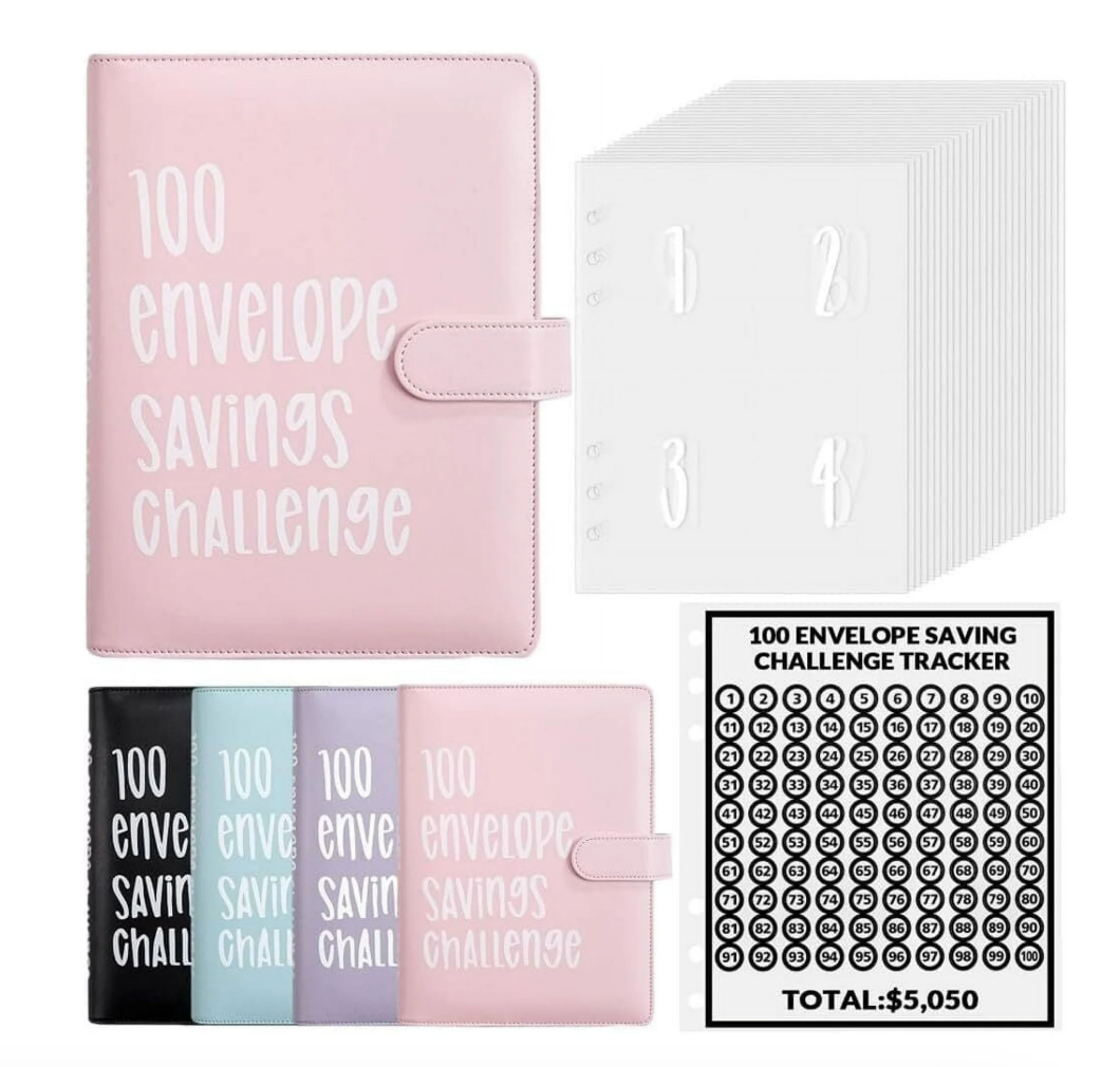 Money Saving Challenge Binder – 100 Envelopes, A5 Size, Black PU Leather