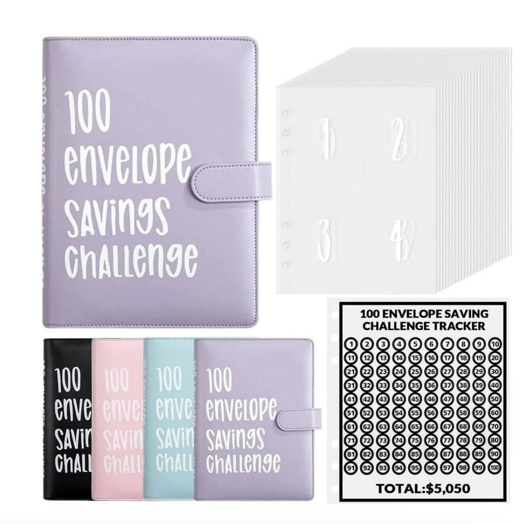 Money Saving Challenge Binder – 100 Envelopes, A5 Size, Black PU Leather
