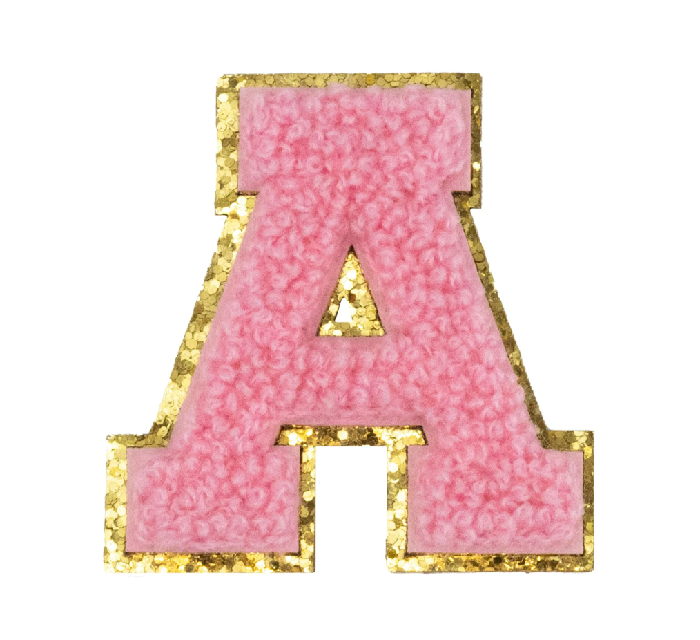 Chenille Alphabet Patch – Pink Varsity Letters with Gold Border – 2.2"
