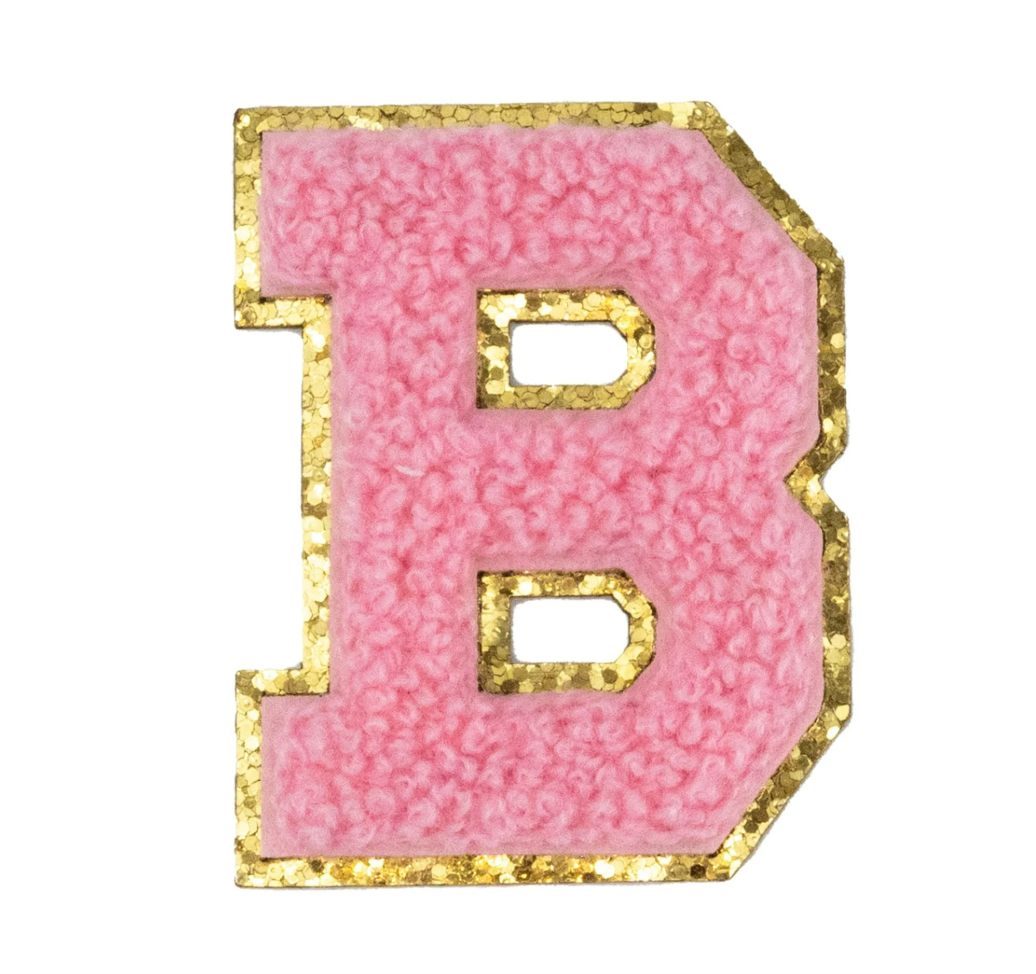 Chenille Alphabet Patch – Pink Varsity Letters with Gold Border – 2.2"