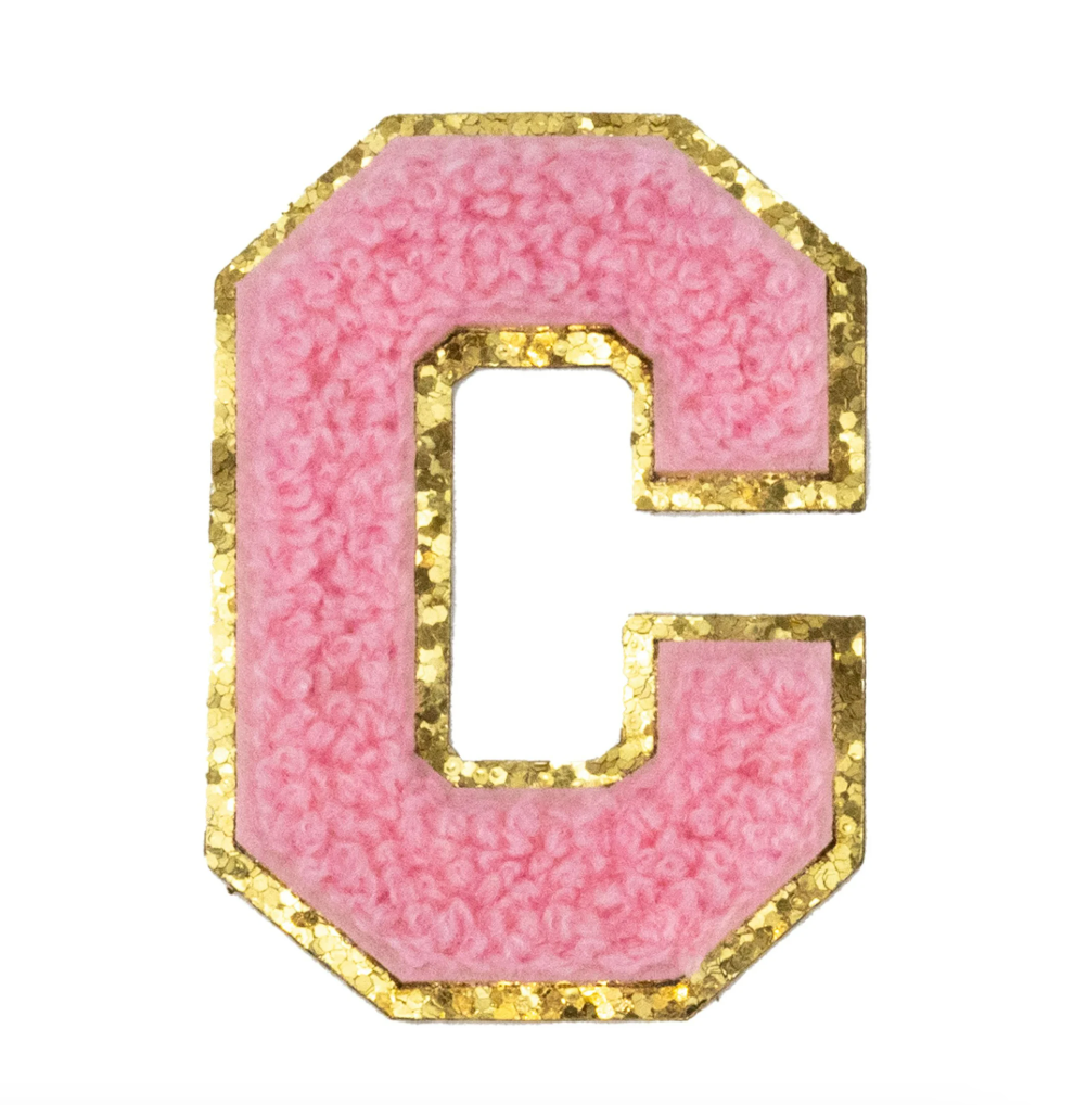 Chenille Alphabet Patch – Pink Varsity Letters with Gold Border – 2.2"