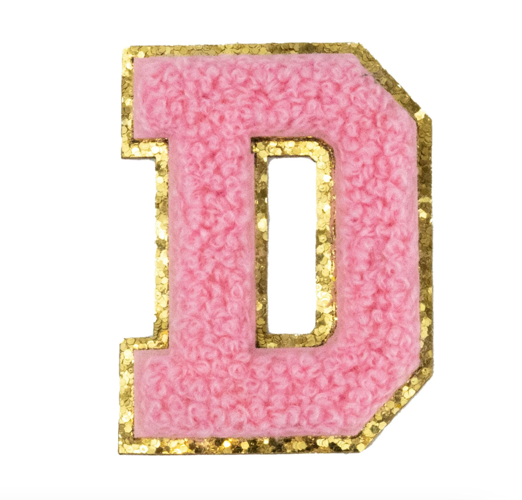 Chenille Alphabet Patch – Pink Varsity Letters with Gold Border – 2.2"