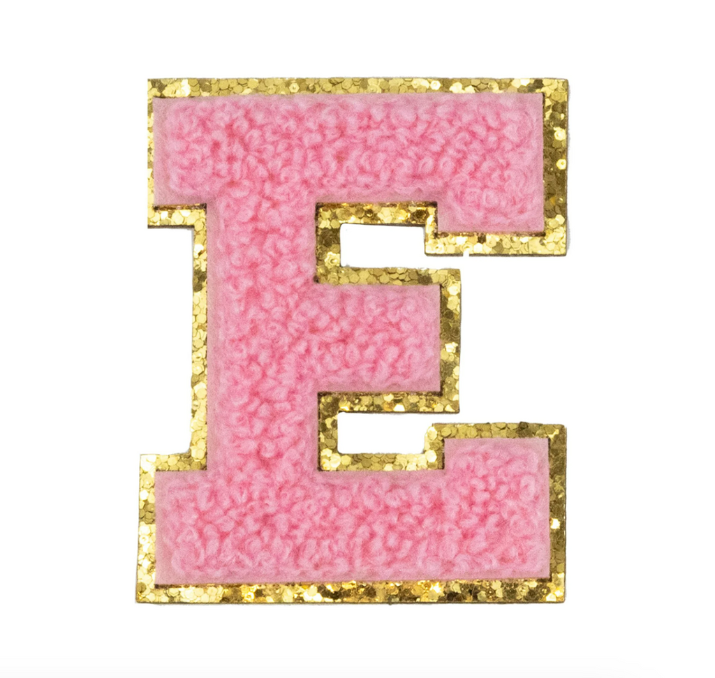 Chenille Alphabet Patch – Pink Varsity Letters with Gold Border – 2.2"