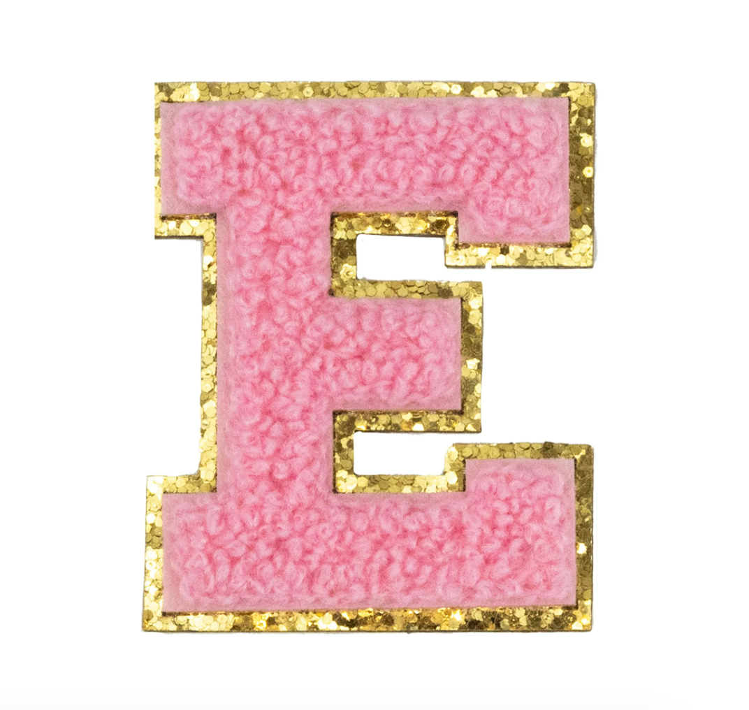 Chenille Alphabet Patch – Pink Varsity Letters with Gold Border – 2.2"