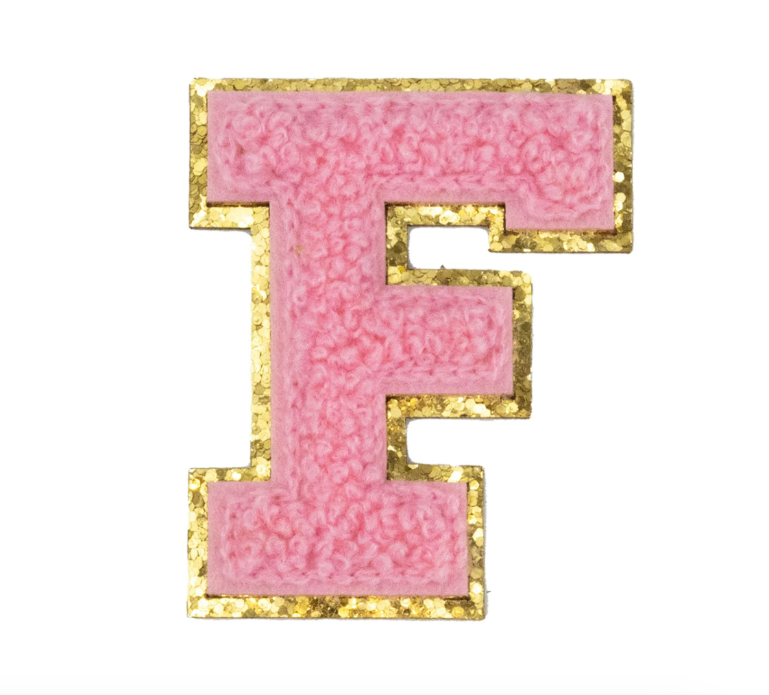 Chenille Alphabet Patch – Pink Varsity Letters with Gold Border – 2.2"