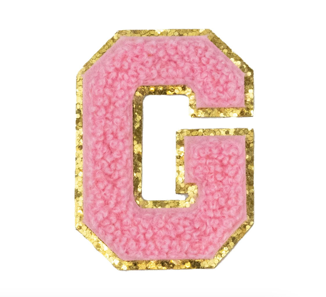 Chenille Alphabet Patch – Pink Varsity Letters with Gold Border – 2.2"