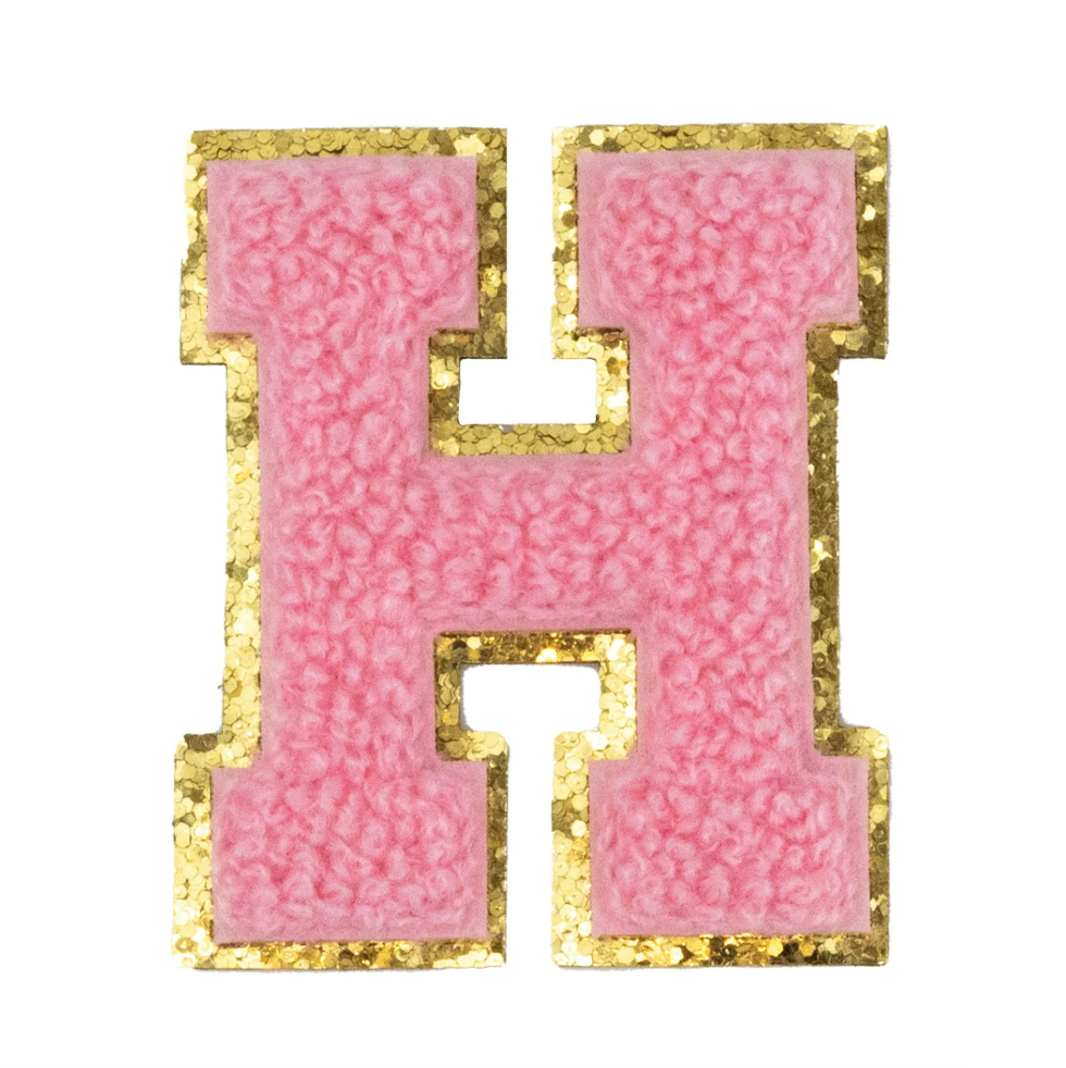 Chenille Alphabet Patch – Pink Varsity Letters with Gold Border – 2.2"