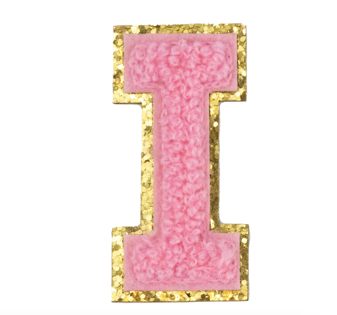 Chenille Alphabet Patch – Pink Varsity Letters with Gold Border – 2.2"