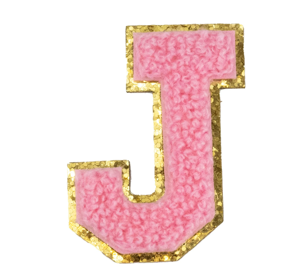 Chenille Alphabet Patch – Pink Varsity Letters with Gold Border – 2.2"