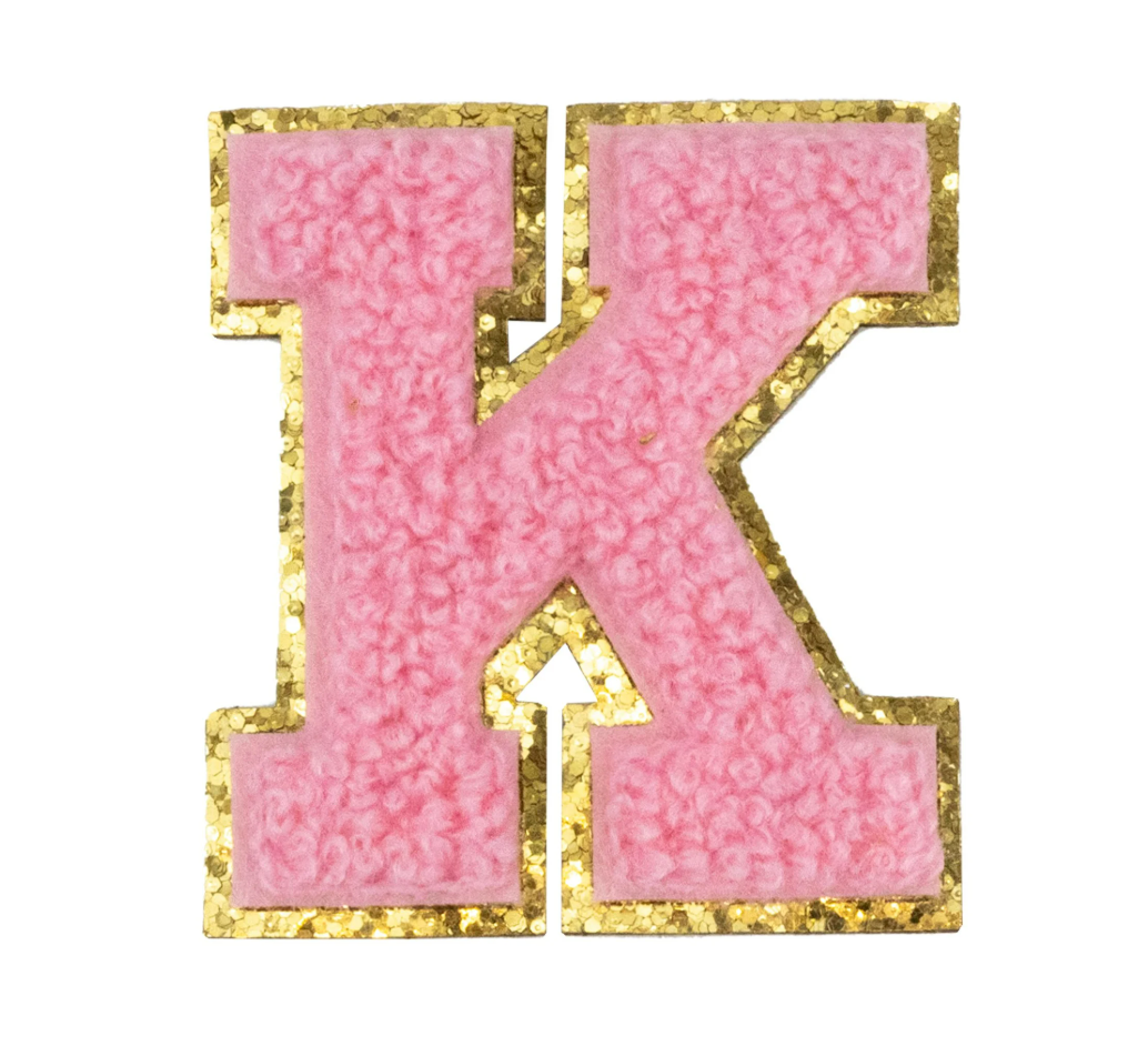 Chenille Alphabet Patch – Pink Varsity Letters with Gold Border – 2.2"