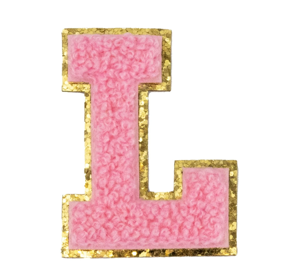 Chenille Alphabet Patch – Pink Varsity Letters with Gold Border – 2.2"