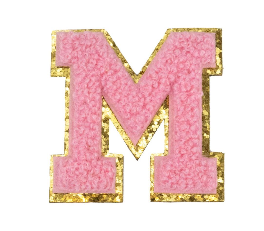 Chenille Alphabet Patch – Pink Varsity Letters with Gold Border – 2.2"