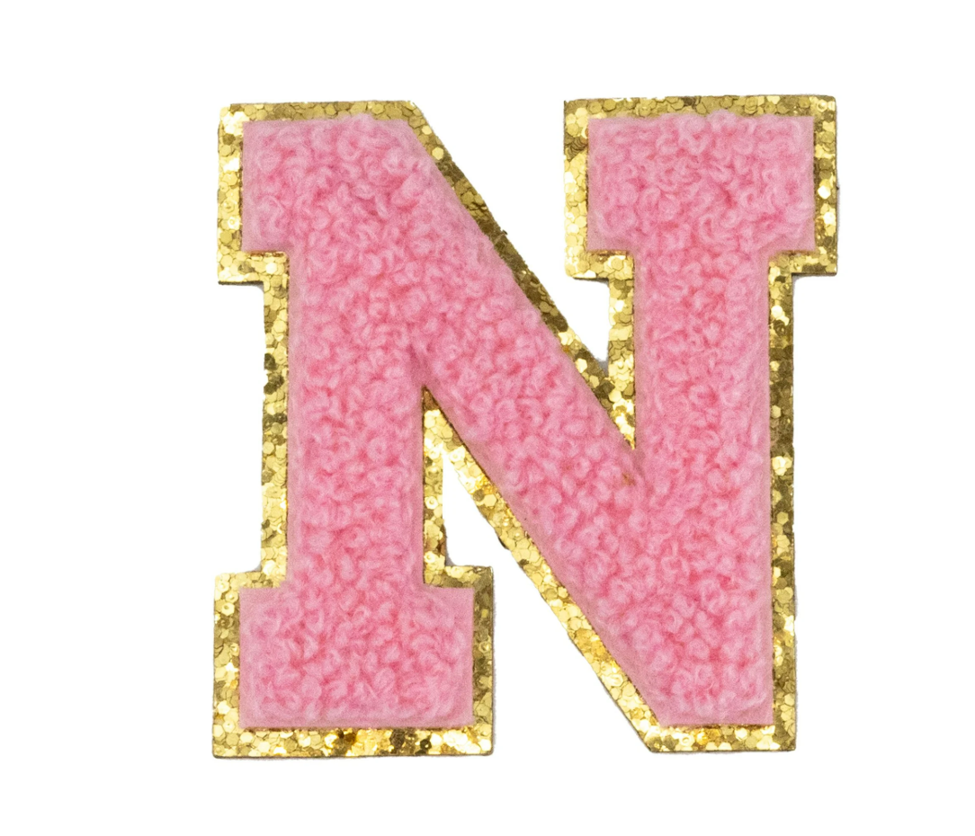 Chenille Alphabet Patch – Pink Varsity Letters with Gold Border – 2.2"
