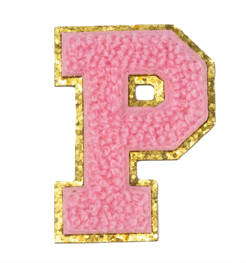 Chenille Alphabet Patch – Pink Varsity Letters with Gold Border – 2.2"