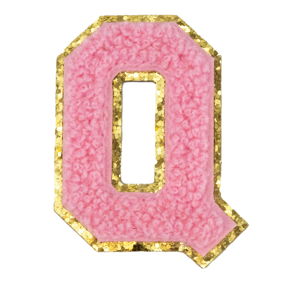 Chenille Alphabet Patch – Pink Varsity Letters with Gold Border – 2.2"