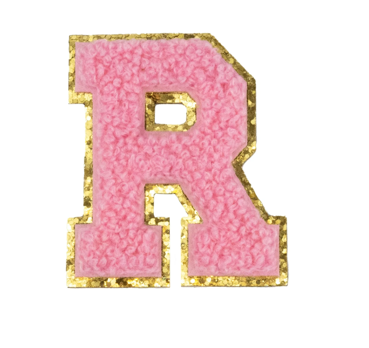 Chenille Alphabet Patch – Pink Varsity Letters with Gold Border – 2.2"