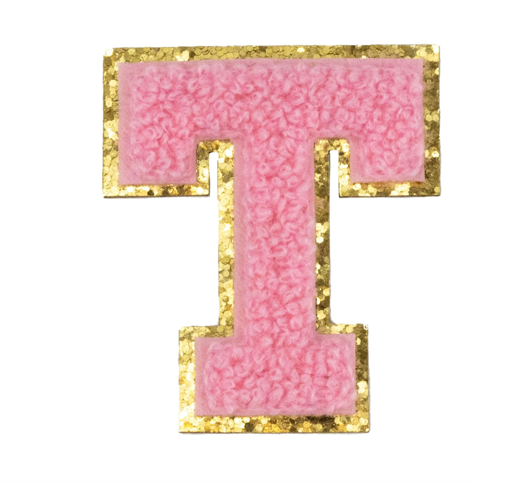 Chenille Alphabet Patch – Pink Varsity Letters with Gold Border – 2.2"