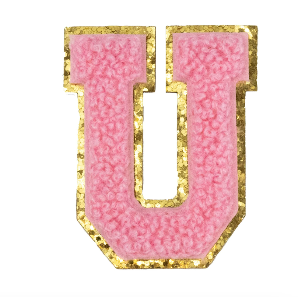 Chenille Alphabet Patch – Pink Varsity Letters with Gold Border – 2.2"