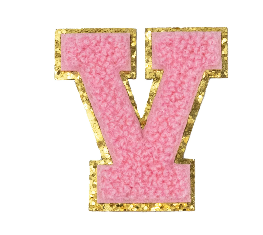 Chenille Alphabet Patch – Pink Varsity Letters with Gold Border – 2.2"
