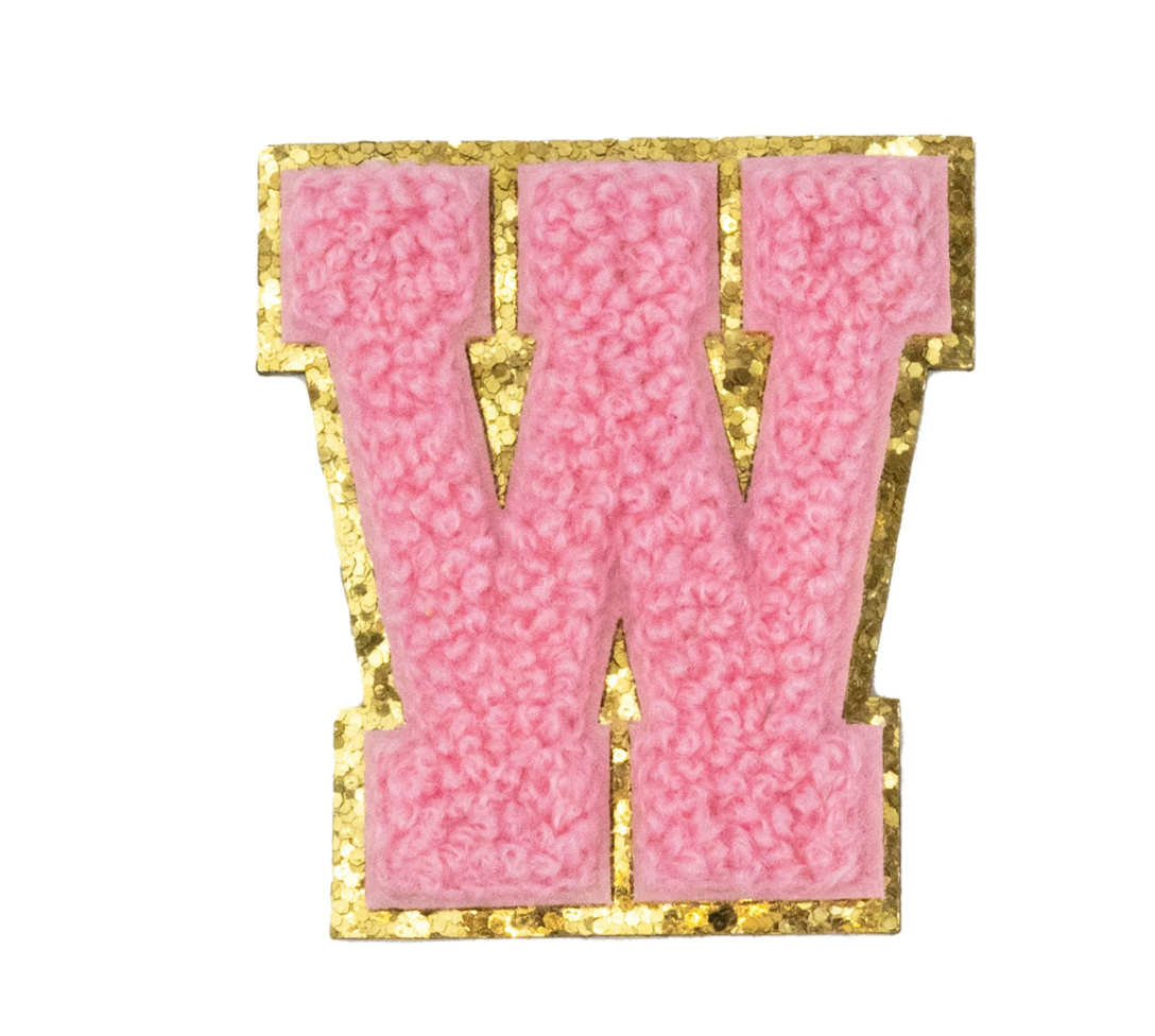 Chenille Alphabet Patch – Pink Varsity Letters with Gold Border – 2.2"