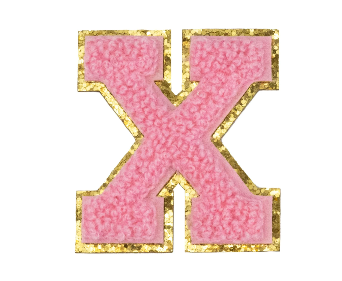 Chenille Alphabet Patch – Pink Varsity Letters with Gold Border – 2.2"