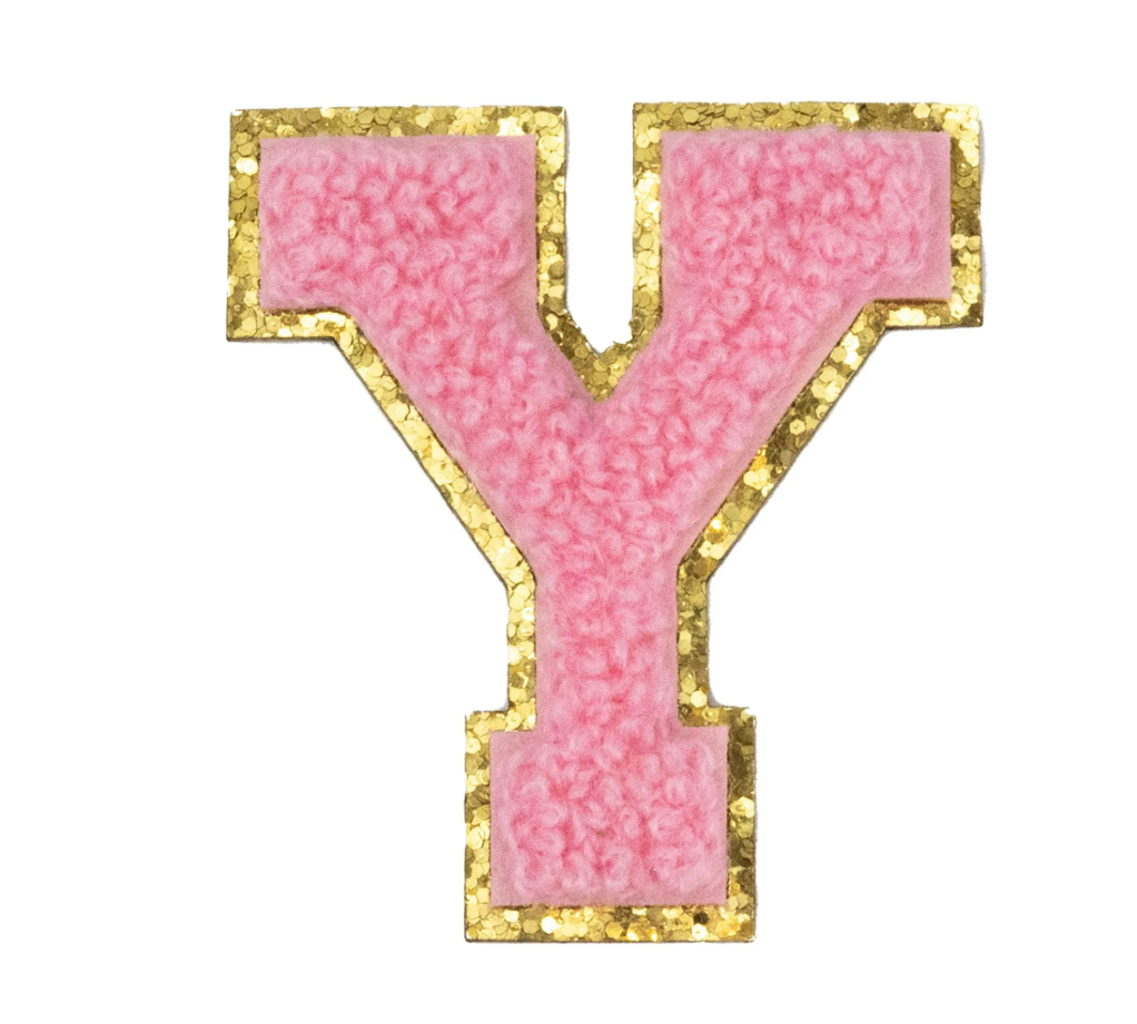 Chenille Alphabet Patch – Pink Varsity Letters with Gold Border – 2.2"