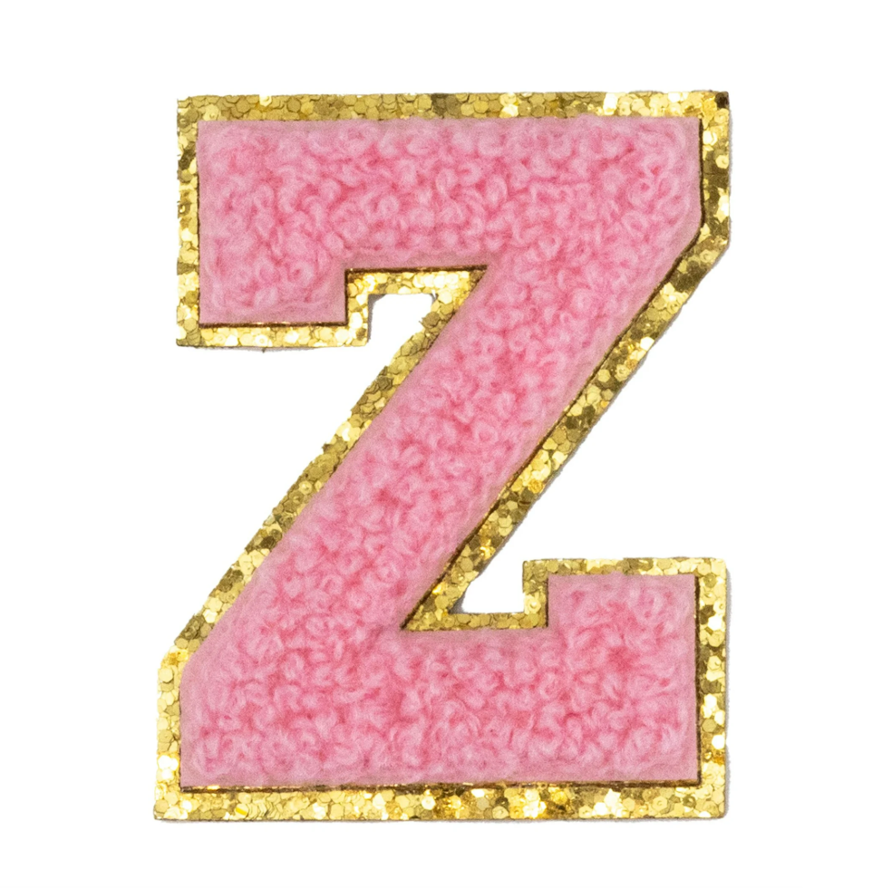 Chenille Alphabet Patch – Pink Varsity Letters with Gold Border – 2.2"