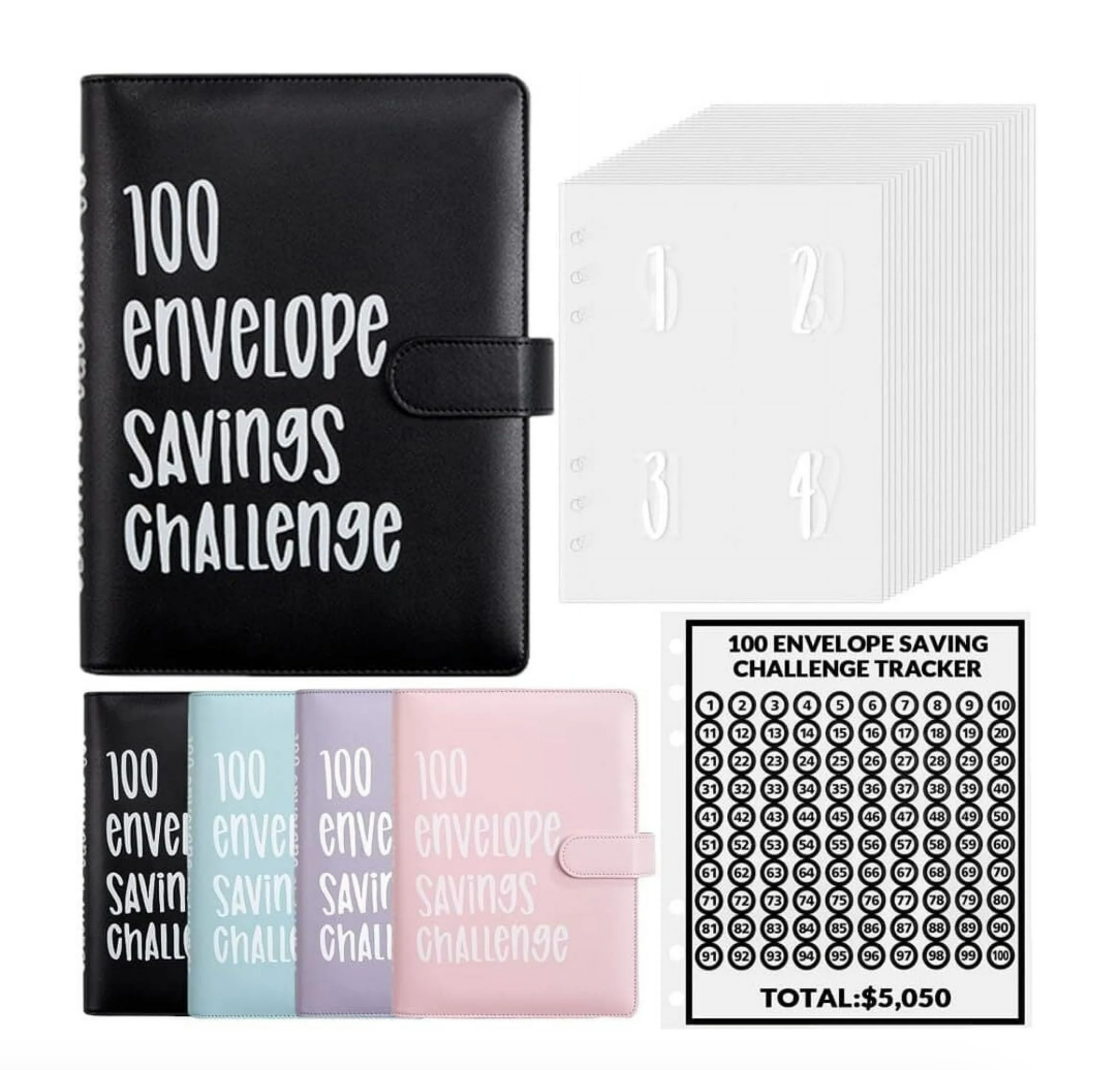 Money Saving Challenge Binder – 100 Envelopes, A5 Size, Black PU Leather