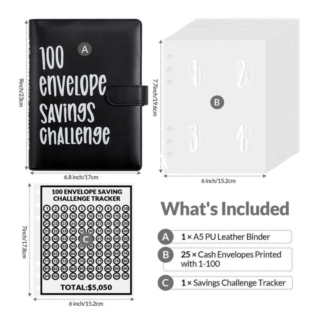 Money Saving Challenge Binder – 100 Envelopes, A5 Size, Black PU Leather