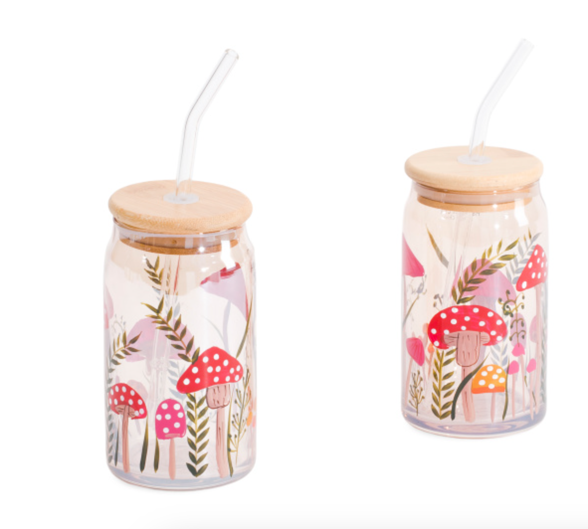 2pk Mushroom In Luster Amber Sipper Cups – Set of 2 Glass Cups with Lids & Straws