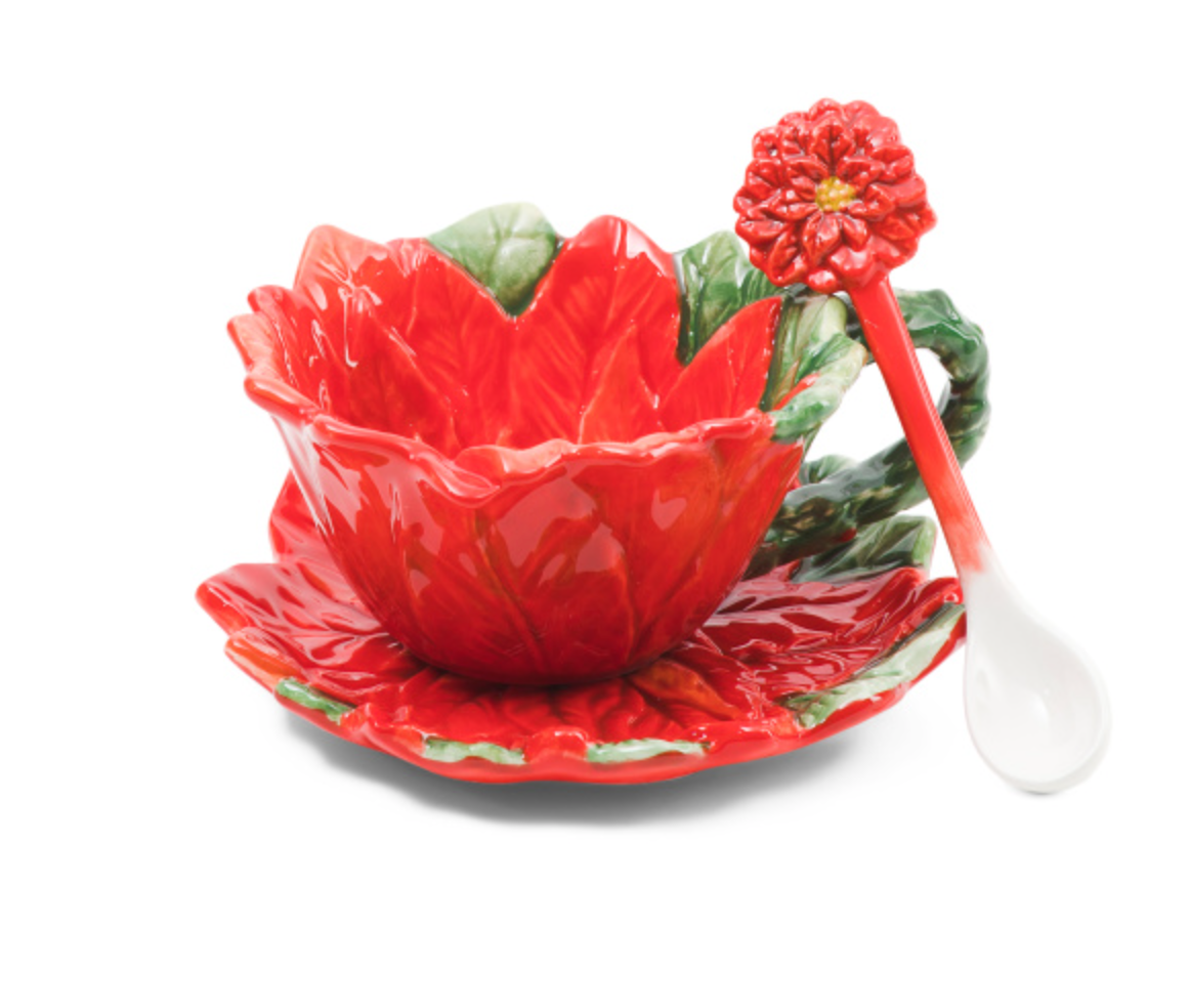 Holiday Poinsettia Cup & Saucer 3-Piece Set – Christmas Floral Ceramic Drinkware