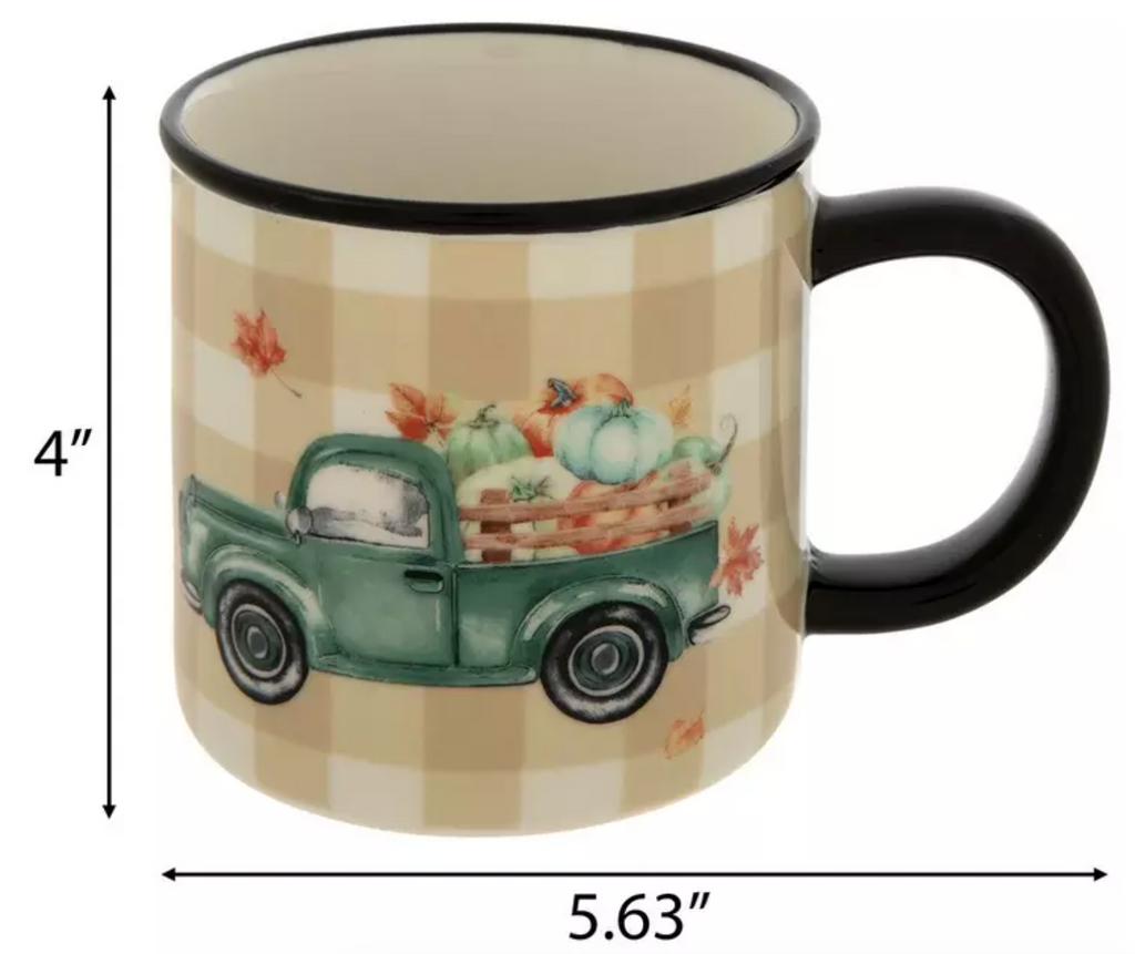 Truck & Pumpkins Gingham Ceramic Mug – 17oz Fall Harvest Design