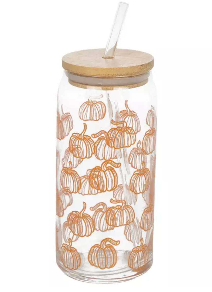 Pumpkins Drinking Glass with Bamboo Lid & Glass Straw – 19oz