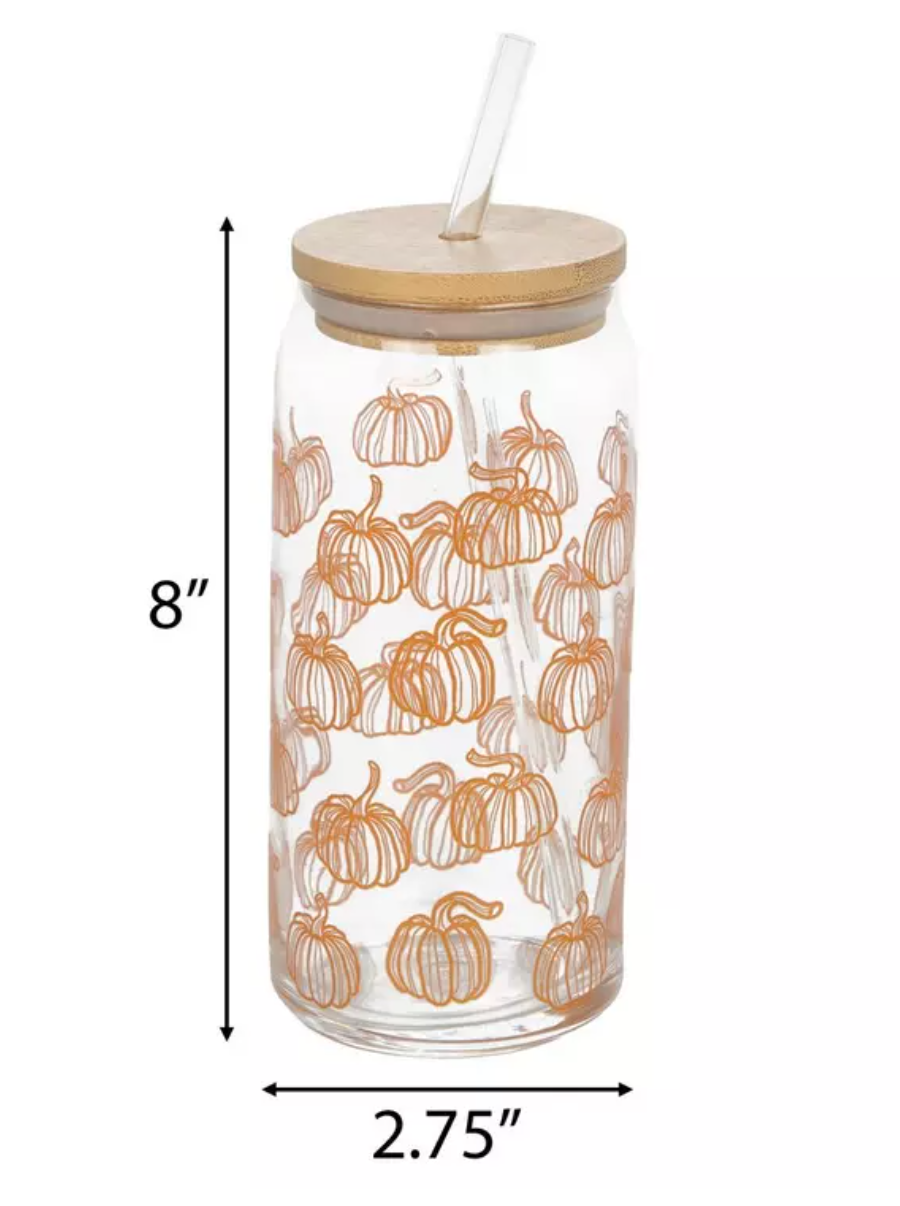 Pumpkins Drinking Glass with Bamboo Lid & Glass Straw – 19oz