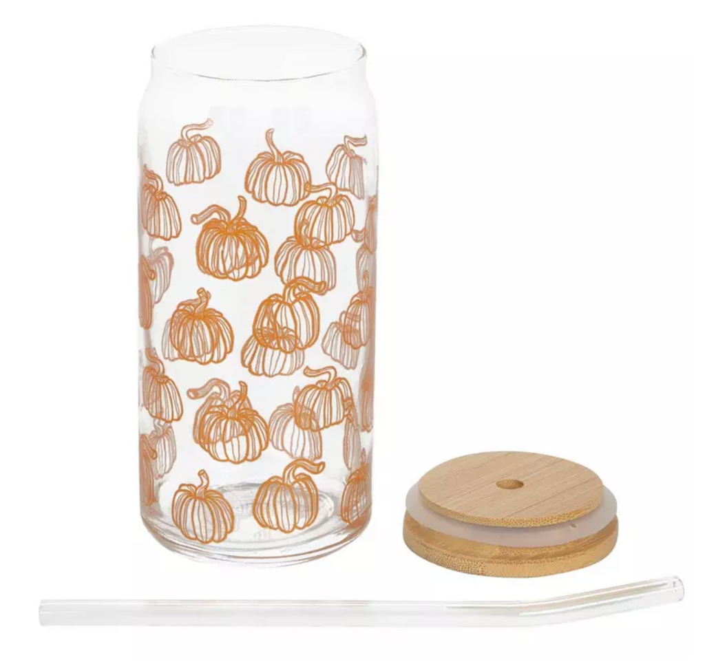 Pumpkins Drinking Glass with Bamboo Lid & Glass Straw – 19oz