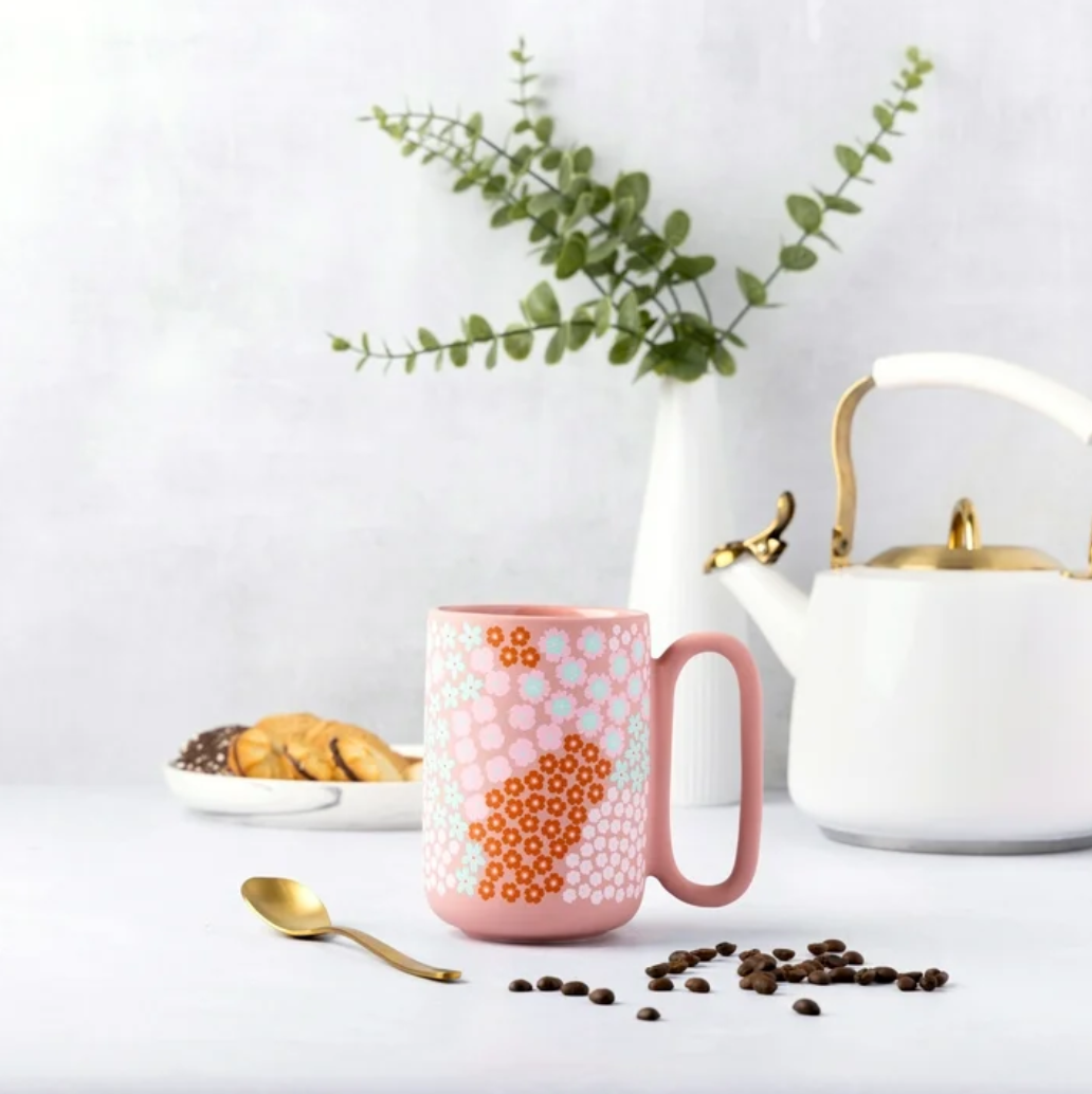 Bloom Daily Pink Floral Mug 19.6 oz + 7.25” x 5” Wooden Sign – Gift Set