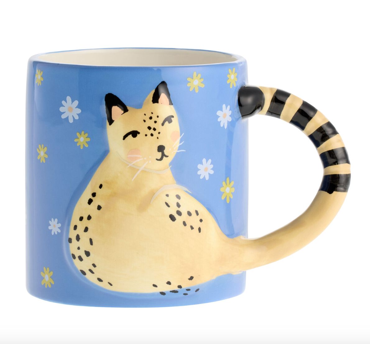 Cute Cat Mug with Daisy Design – Gift for Cat Lovers, Unique Handle Coffee Cup, Aesthetic Kawaii Mug