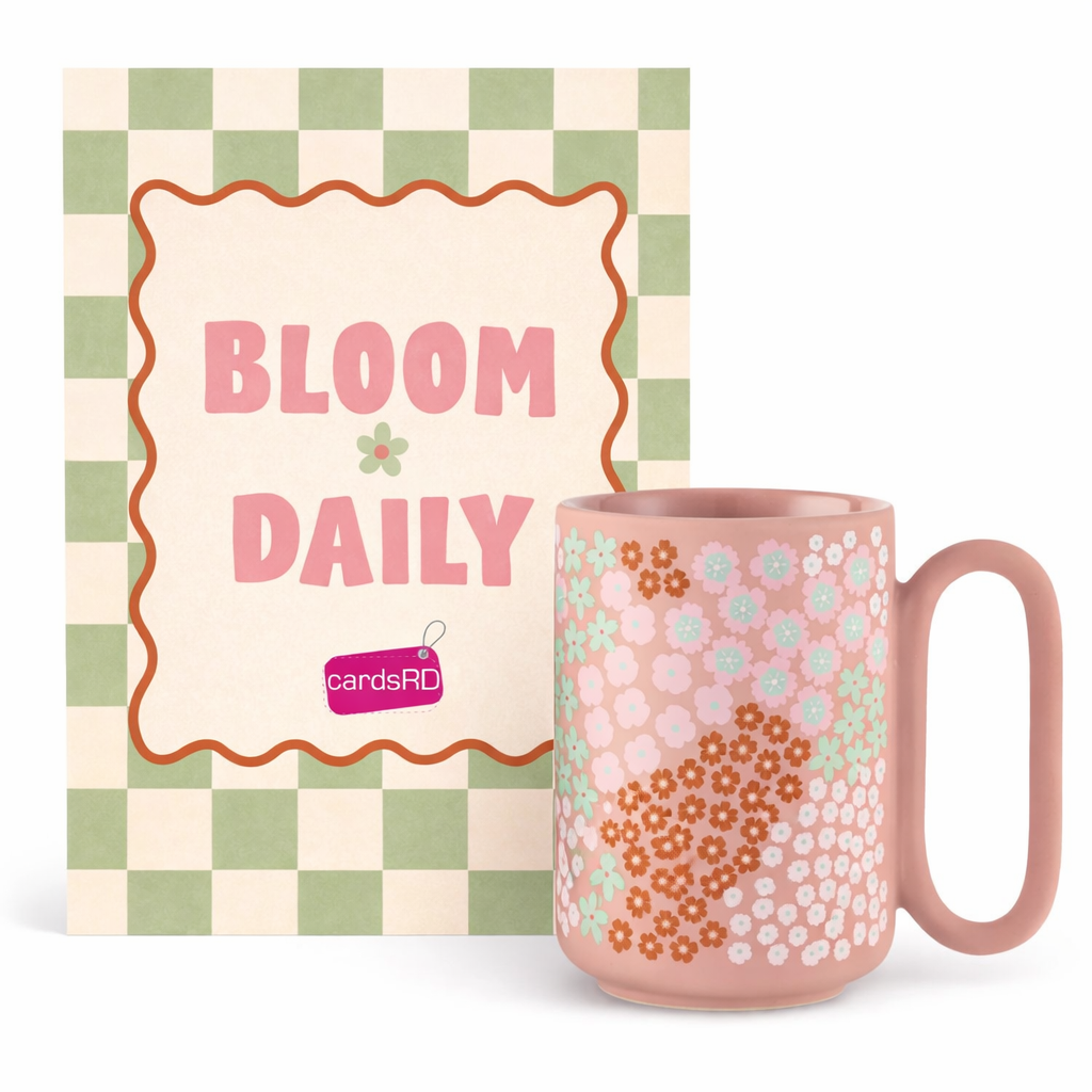 Bloom Daily Pink Floral Mug 19.6 oz + 7.25” x 5” Wooden Sign – Gift Set