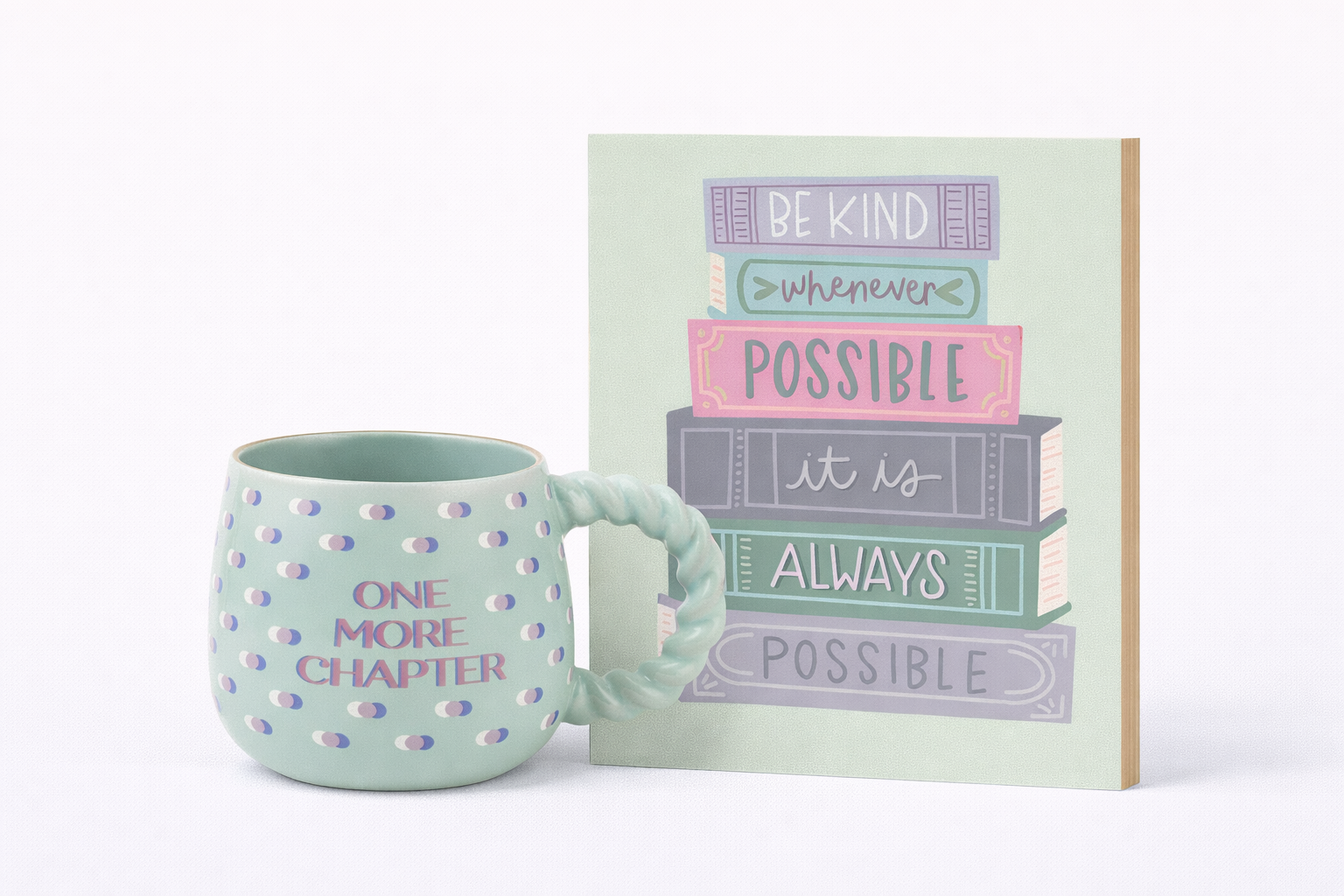 Book Lover Coffee Cup + 7.25” x 5” Decorative Wood Sign Set