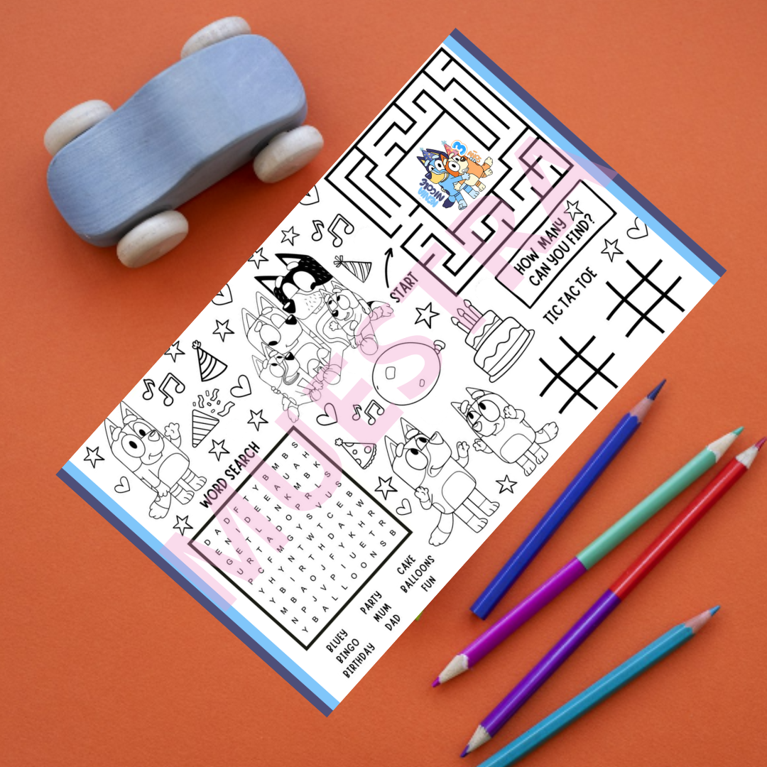 Bluey Birthday Activity Placemats – Kids Party Coloring & Games (Set of 12/24/48).
