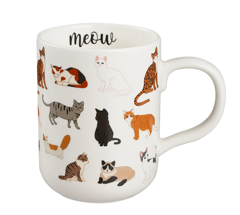 Cat Stoneware Coffee Mug – 16 oz, White with Colorful Cat Prints