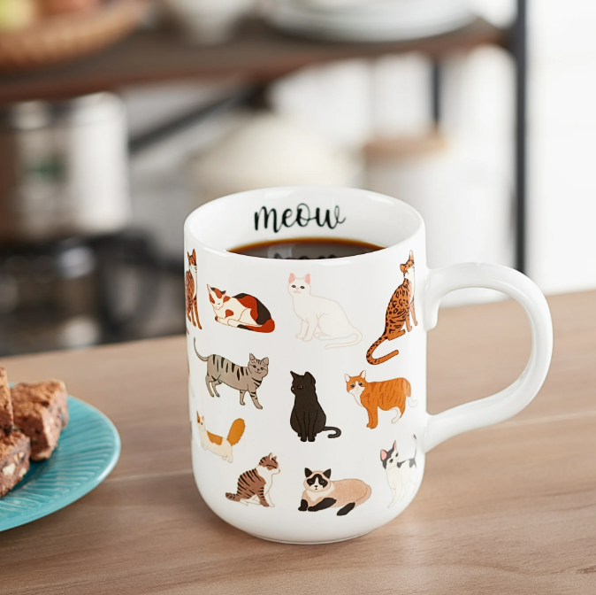Cat Stoneware Coffee Mug – 16 oz, White with Colorful Cat Prints