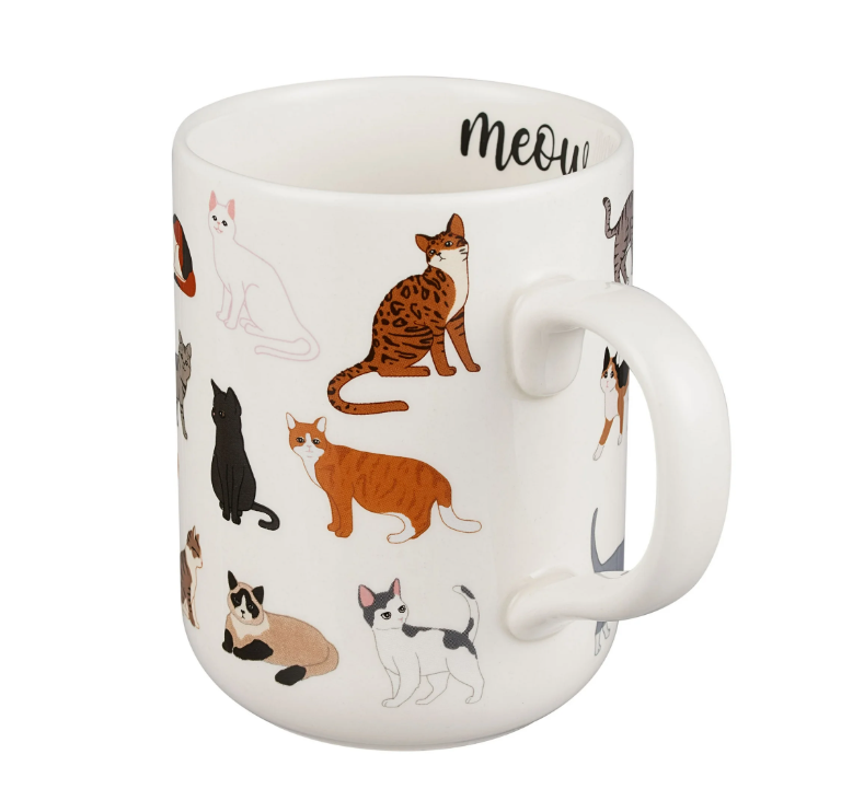 Cat Stoneware Coffee Mug – 16 oz, White with Colorful Cat Prints