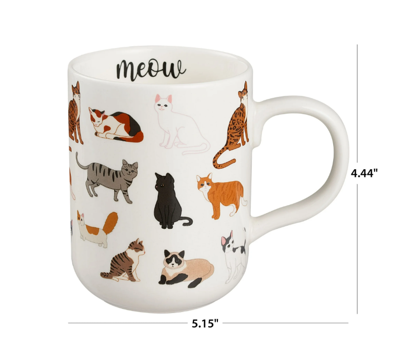 Cat Stoneware Coffee Mug – 16 oz, White with Colorful Cat Prints