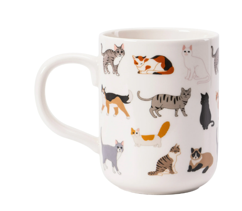 Cat Stoneware Coffee Mug – 16 oz, White with Colorful Cat Prints