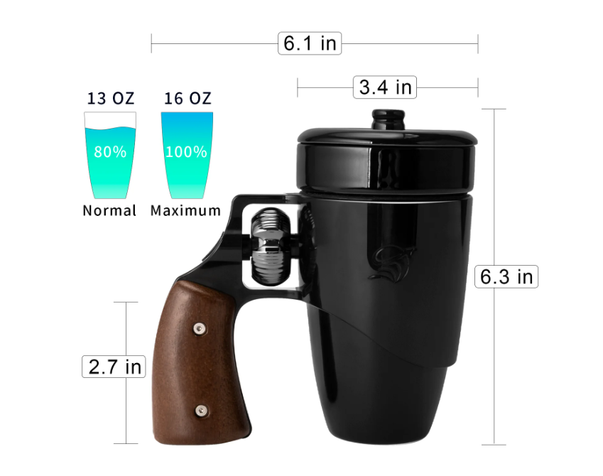 Revolver Handle Novelty Ceramic Coffee Mug – 16 oz, Black