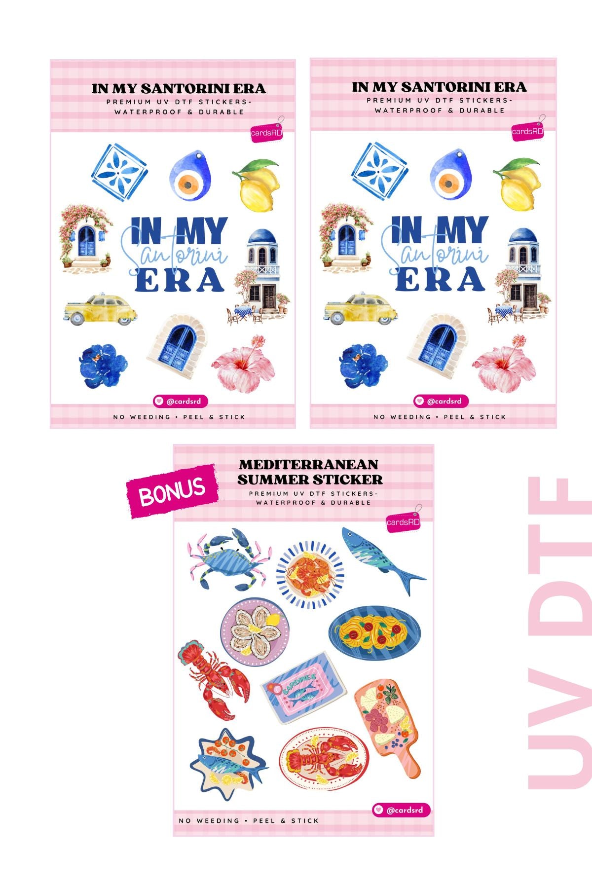 Santorini Aesthetic Sticker Pack – Mediterranean Summer Collection (3 Sheets + Bonus)