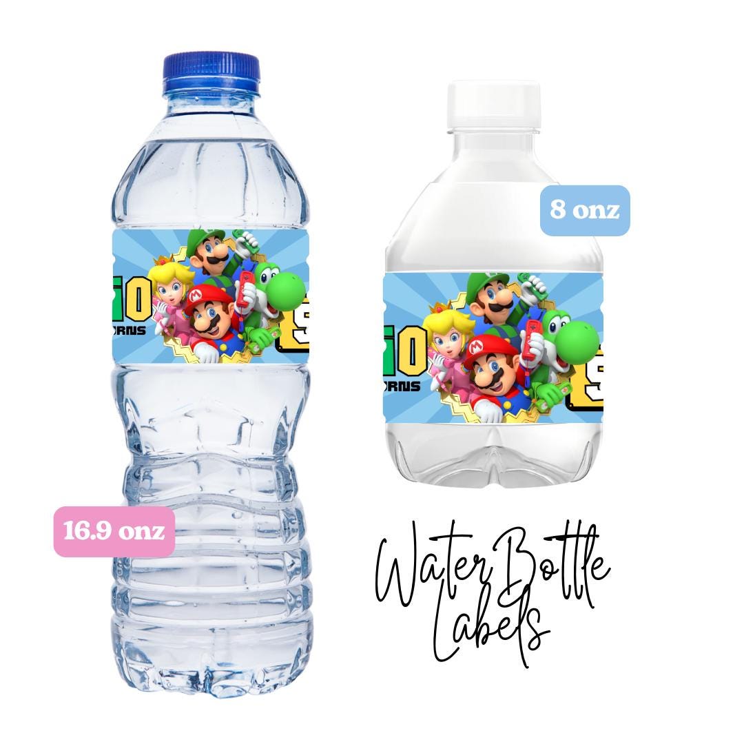 Super Mario Water Bottle Labels – Personalized Birthday Party Decorations – Custom Mario Bros Party Favors (8oz & 16.9oz)